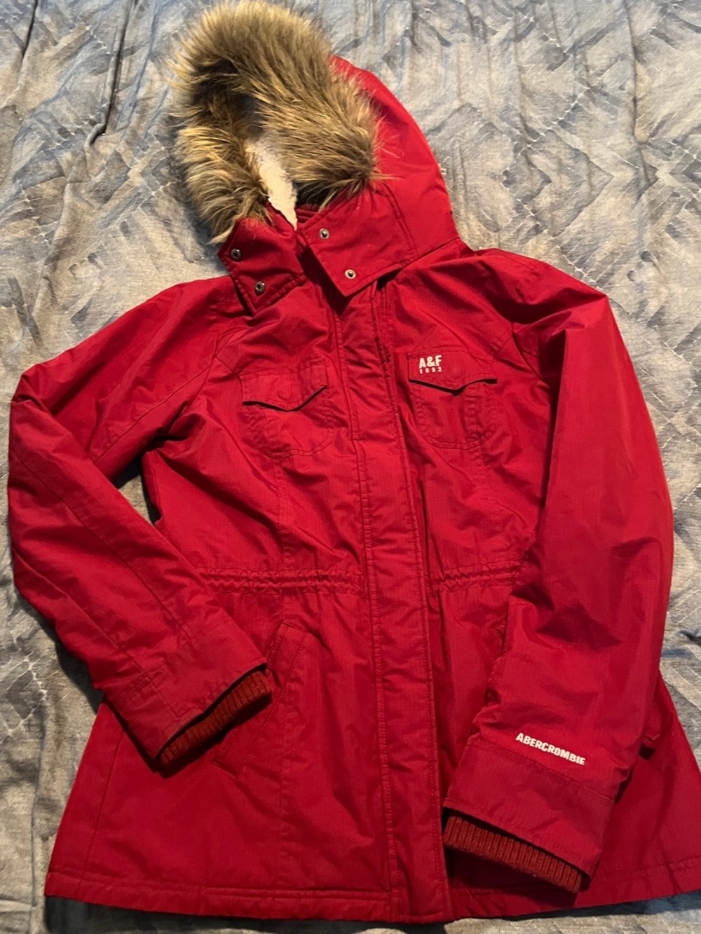 Abercrombie & Fitch Red Hooded Faux-Fur Trim Winter Jacket